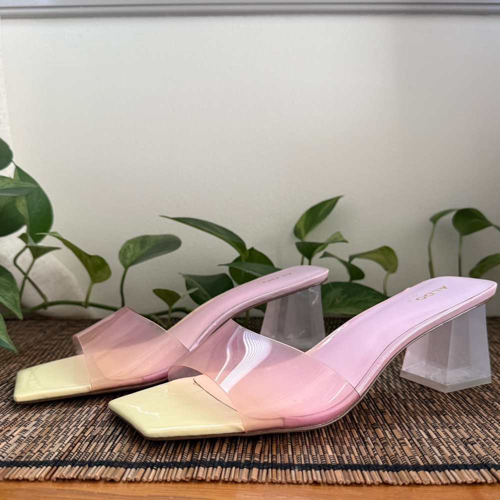 Aldo Pink & Yellow Square Toe Block Heel Dress Sandal Size 11